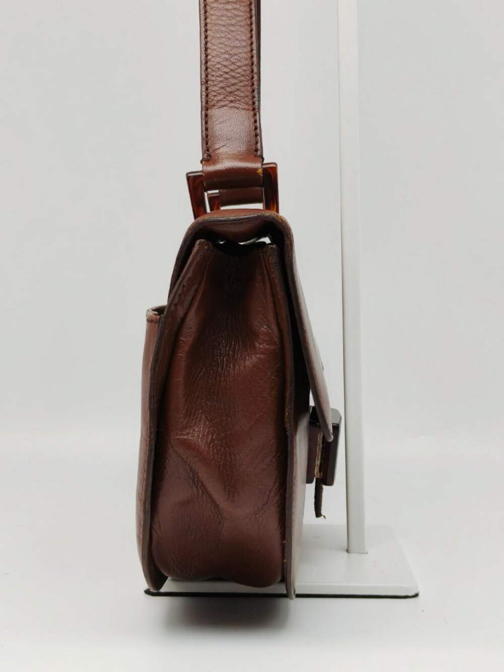 Vintage Prada Brown Leather Shoulder Bag Flap Clasp Logo Purse - Picture 4 of 14